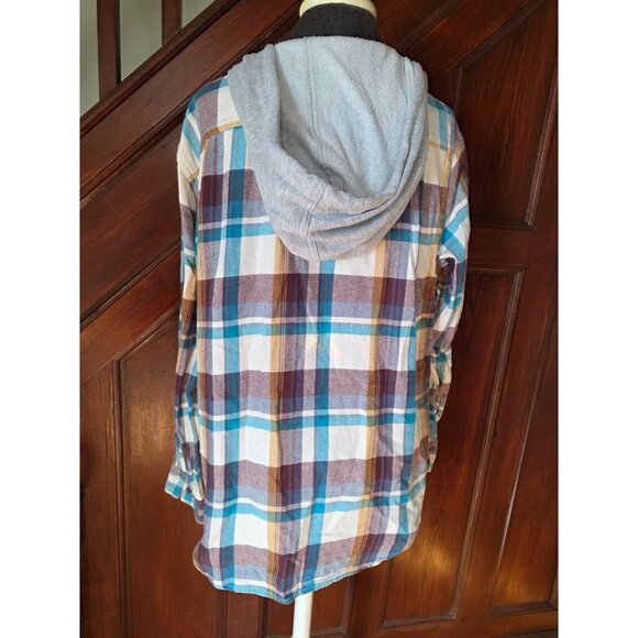 Pacsun Plaid Button-Up Hoodie Shirt L Multicolor Cotton Blend Long Sleeve Casual - Picture 3 of 9